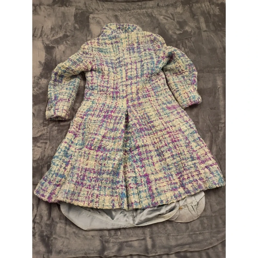 Gus Mayer Tweed Coat Womens Vintage Purple Blue Plaid Mod Longline Funnel Neck